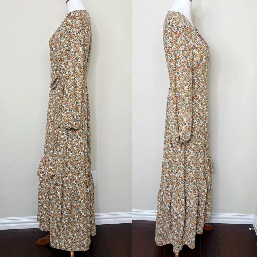 Molly Bracken Enola Wrap Boho Floral Long Dress Size Medium Cottagecore Khaki‎ - Picture 5 of 8